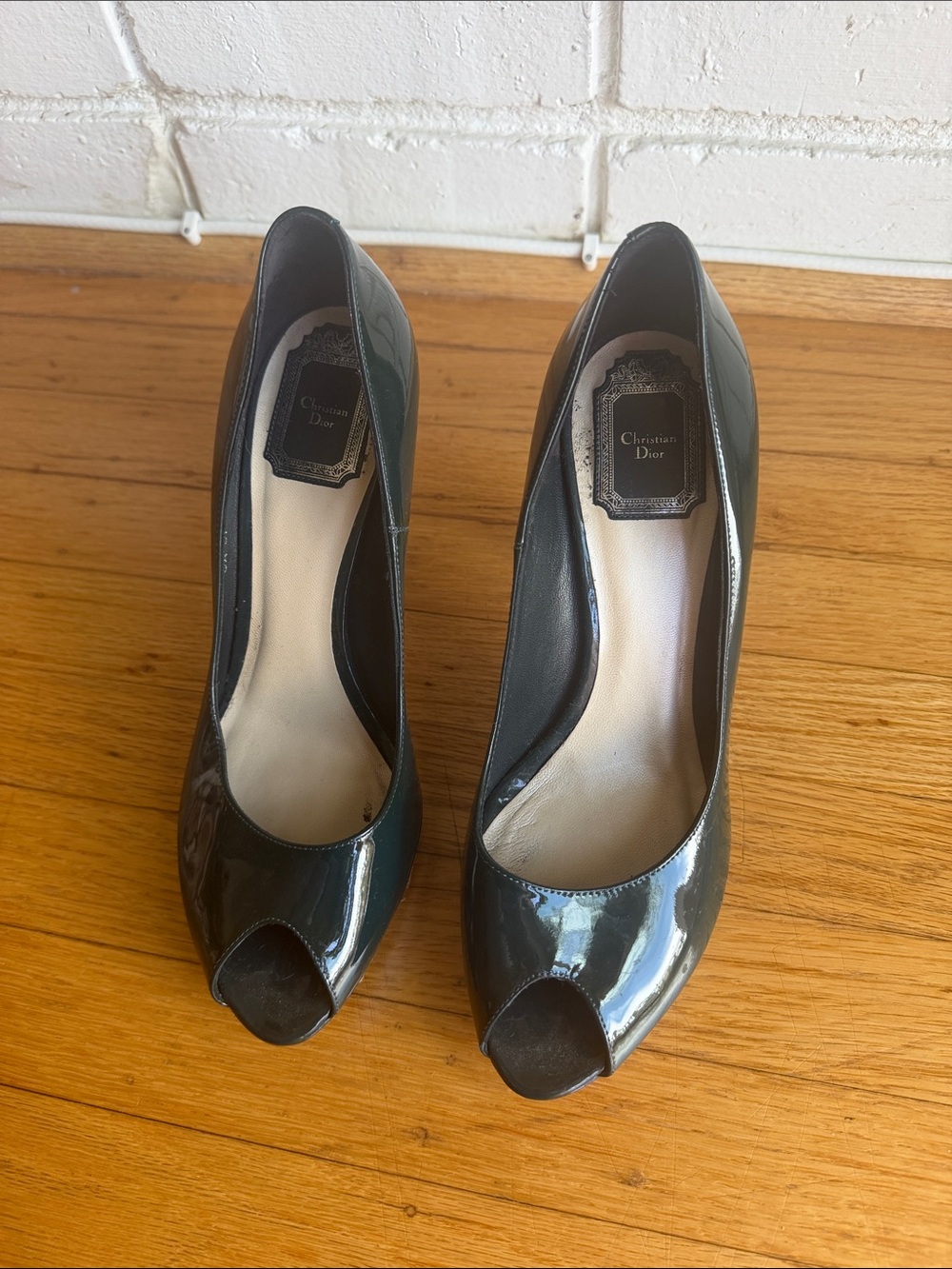 Dior Dark Green Patent Peep-Toe Heels